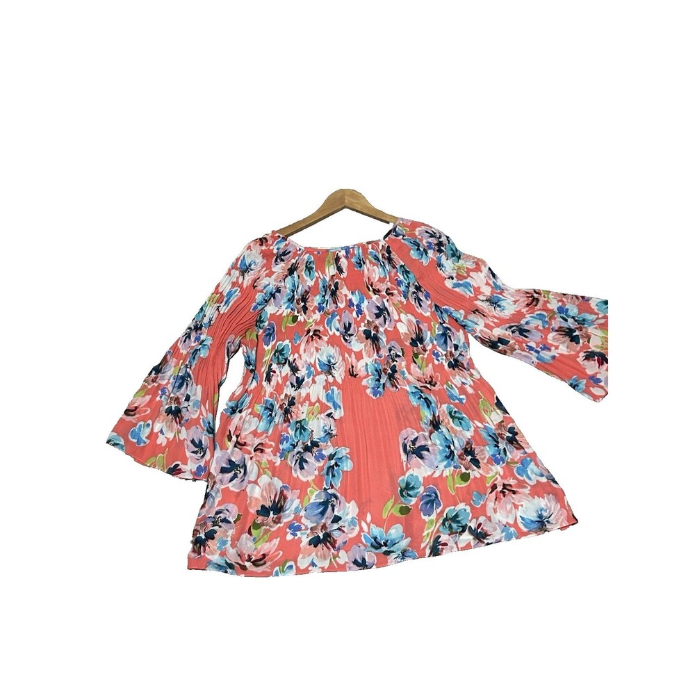 Spense Tunic Top Floral Size XL Pullover Keyhole Crinkle Fabric Poiy Bright
